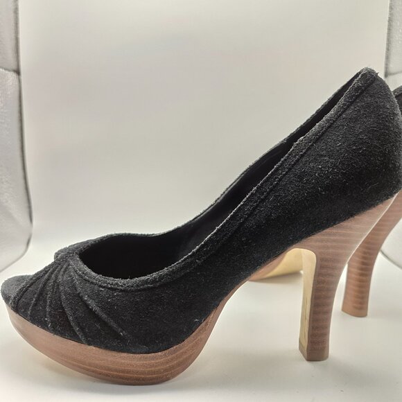 Steve Madden Black Suede Peep Toe Heels 8M Black Upper Brown Balance - Picture 6 of 13